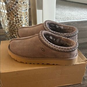 UGG Tan Suede Slip-Ons with Fur Trim